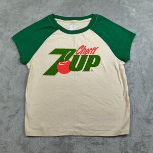 Cherry 7UP Shirt Womens Small Raglan Green Ivory Baby Tee Cropped Retro Soda